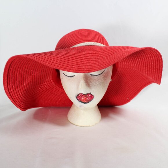 NWT Women\'s Large Red Coral Floppy Hat with Cream Braided Trim and Gold Beads main image 10